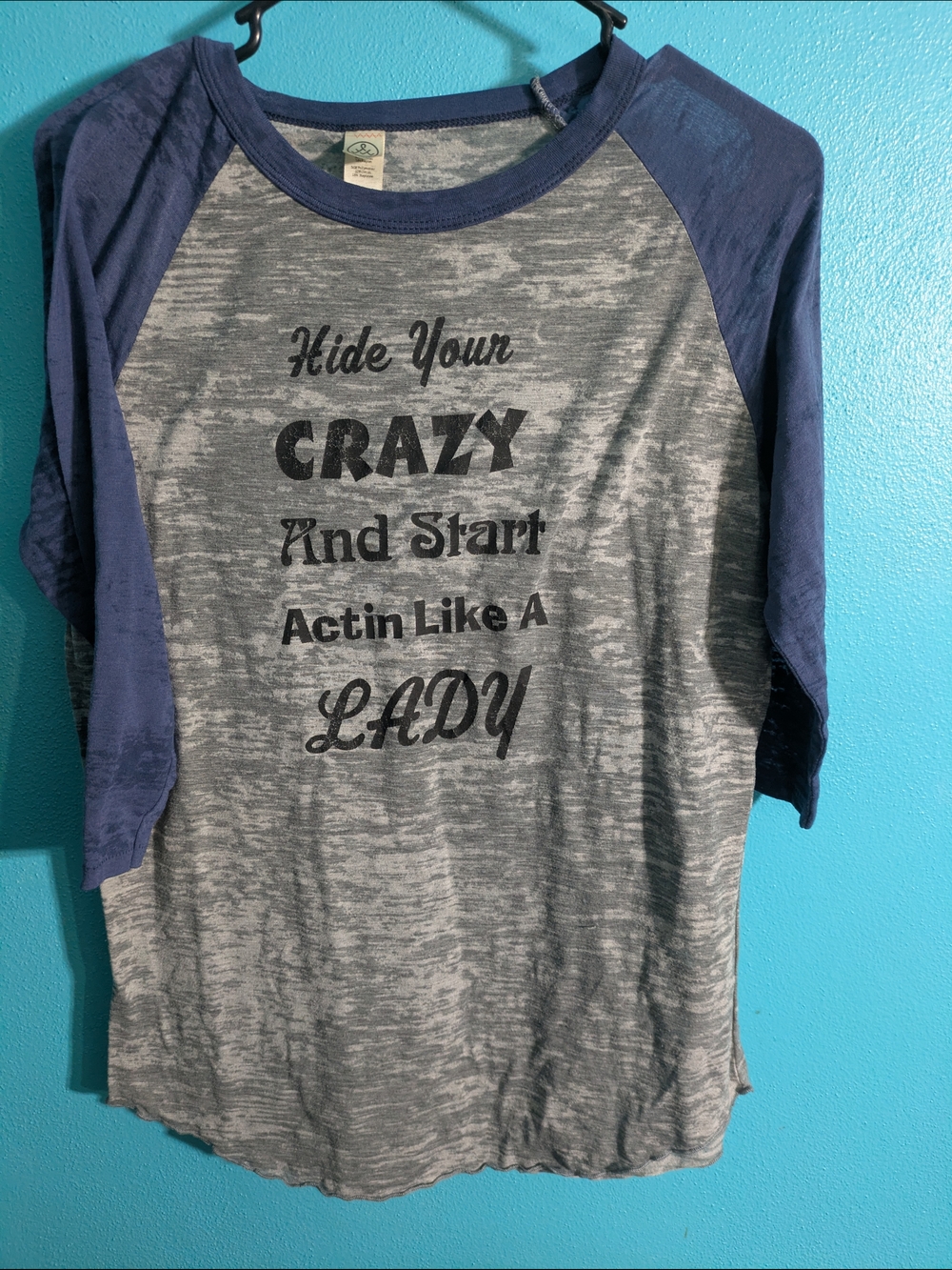Alternative Apparel Gray Heather Raglan Tee with Blue Sleeves and Front Text‎
